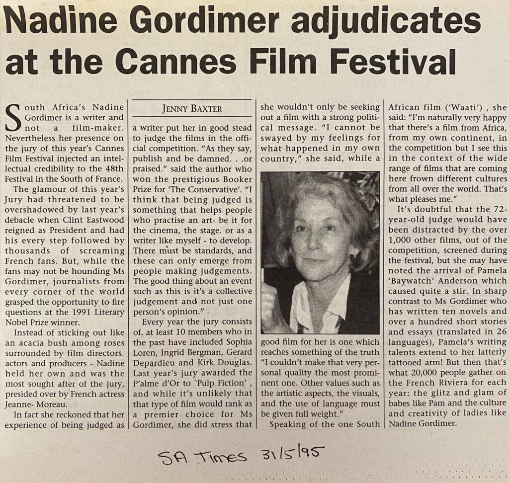 Nadine Gordimer Interview Cannes Film Festival